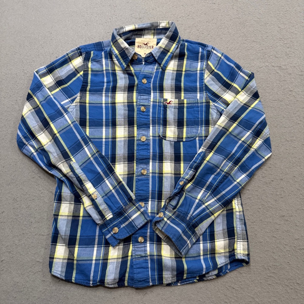 Hollister Shirt Men's Medium Blue Yellow Plaid Long Sleeve Button‎ Down Classic